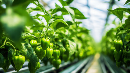 Growing organic green peppers in a greenhouse. Healthy vegetables concept. Generative AI