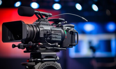 Fototapeta na wymiar video camera on a blurred studio background for filming news, interviews, shows