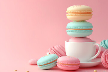 Obraz premium Macarons and sweet on a pink pastel background