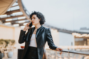 Modern professional woman engaged in a phone conversation outdoors, with stylish attire and an urban setting at twilight. - Powered by Adobe