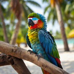 Obraz premium parrot with sunglasses on the sea beach