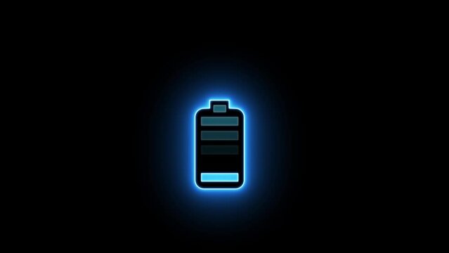 Neon glowing battery charging icon animation. Charger, running from low to full cell phone battery. Glowing neon line Battery icon animated video.