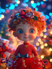 The merry and fuzzy doll in a red dress with christmas gifts on it.