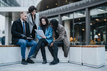 A group of four multiethnic teammates engage in a business meeting outdoors, collaboratively reviewing paperwork. - Powered by Adobe