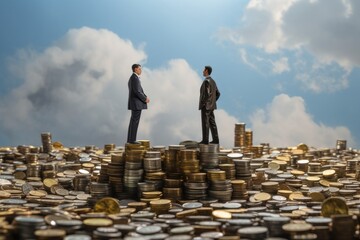 men standing on the top of stack of coins
