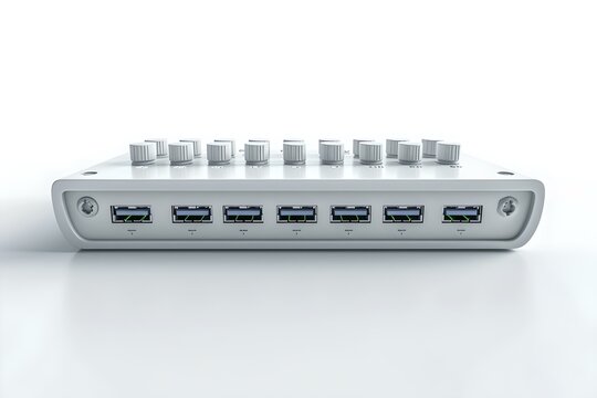 Sleek modern USB hub device isolated on white background. compact data transfer unit. enhances connectivity. AI