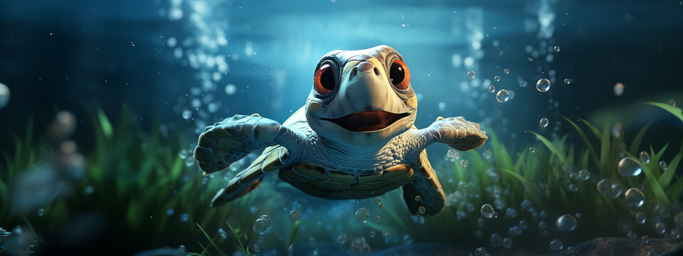 Illustration of a happy turtle smiling under the sea. Colourful cartoon coral under water in ocean. Generative Ai.
