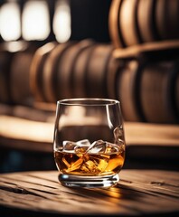 Whiskey glass on wooden barrel

 - obrazy, fototapety, plakaty