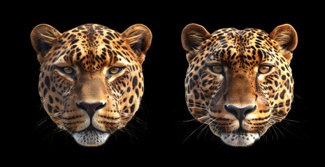 Naklejka premium Leopard head set on black background. Big cat photorealistic illustration.