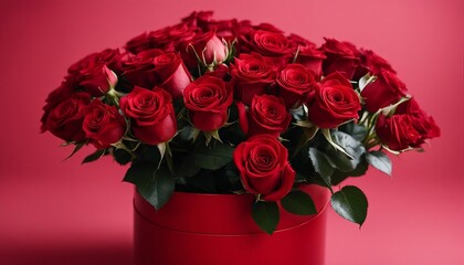 bouquet of red roses in a round red box, isolated red background, valentine's day concept
