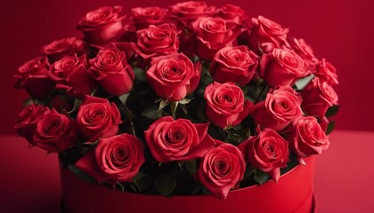 bouquet of red roses in a round red box, isolated red background, valentine's day concept
