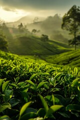 Fototapeta premium Green tea plantation at sunrise time,nature background