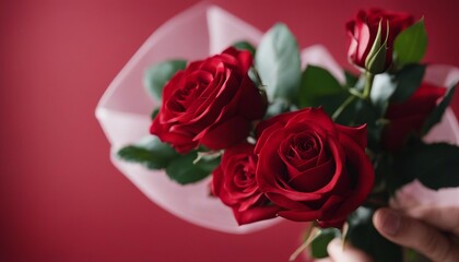 cropped hand holding a bouquet of red roses, isolated red background
