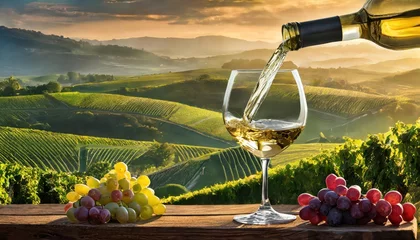Keuken spatwand met foto Wine glass with pouring white wine and vineyard landscape in sunny day. Winemaking concept, copy space © blackdiamond67
