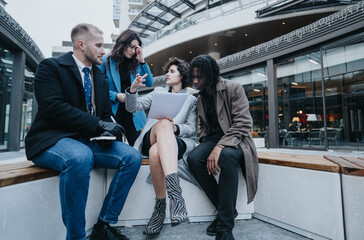 International group of business professionals collaborating outside, discussing a document with a...