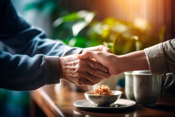 The hand of a young man holds the hand of an elderly man. Elderly care concept