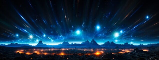 Fototapeta premium Dark blue sky brightly lit with twinkling stars, featuring mountains surrounded by fiery rings.