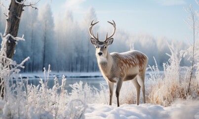 Red deer  in a beautiful winter snowy forest