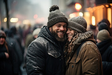 Ethereal Union: A Couple Embracing Amidst the Snowfall
