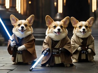 Chihuahua and dogs with blue lightsabers, star wars style. AI Generated.