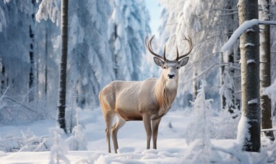 Naklejka na ściany i meble Red deer with antlers in a beautiful snowy forest