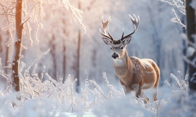 Naklejka na ściany i meble Red deer with luxurious antlers in a winter snowy forest