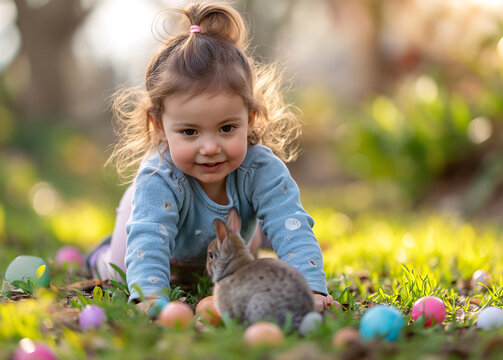 Child playing with a bunny. A curious young girl giggles with joy as she lovingly cuddles a fluffy bunny in a field of vibrant flowers, embodying the innocence and wonder of childhood during easter