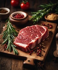 resh raw steak meat on wooden board with rosemary and spice
