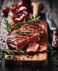 resh raw steak meat on wooden board with rosemary and spice
