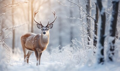 Red deer with luxurious antlers in a beautiful winter snowy forest