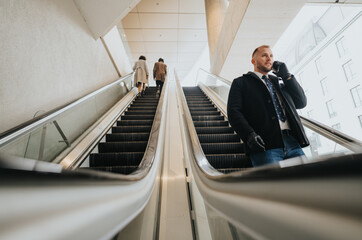 Professional man in coat using phone on escalator in modern urban setting