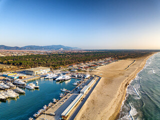 Aerial view from drone of the turistic harbor with many boat and luxory yacht - 722037713