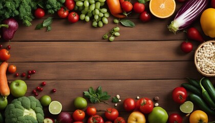 fresh vegetables and fruits on a Wooden Table with copy space
