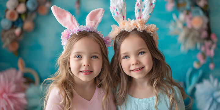 Two young girls dressed in pink, wearing bunny ears and headbands, smiling happily as they show off their adorable toddler style