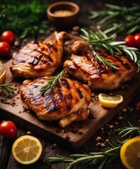 grilled chicken meat on wooden board with rosemary and spice

