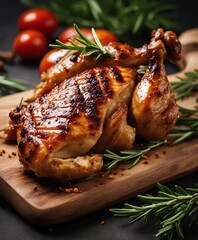 grilled chicken meat on wooden board with rosemary and spice

