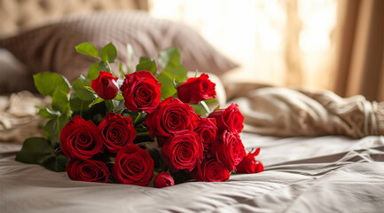 Red roses on the bed in the morning. Selective focus. Valentine's Day concept