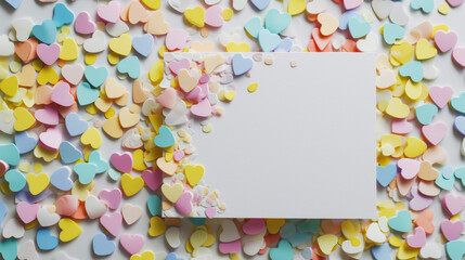 Aesthetic blank paper card mockup with pastel heart-shaped confetti. Luxury greeting card design concept. Generative AI