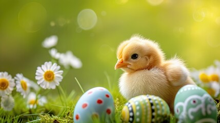 Easter composition with a soft chick stands among speckled Easter eggs nestled in white spring flowers, with a tranquil green backdrop. Easter card with copy space