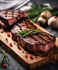 grilled steak meat on wooden board with rosemary and spice
