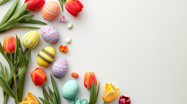 Easter composition with Colorful Easter eggs interspersed with vibrant tulips on a white background. Easter card with copy space