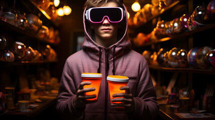 Obraz premium Cinematic shot of young guy with VR glasses are having fun to use augmented reality technology.