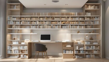 minimalist study room with wall covered with books, daylight lighting, bright colours
