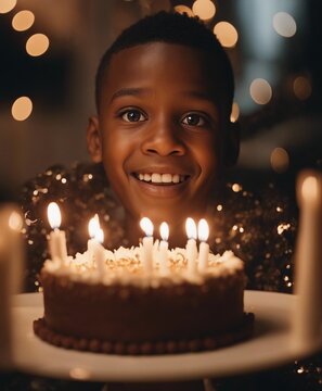 portrait of a cute African American boy celebrating his birthday in front of a cake with small candle
