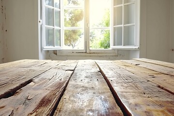 Rustic wooden table with spring window background for interior design and home decor concept