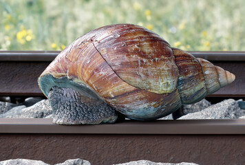 A large snail is crawling on the railway track