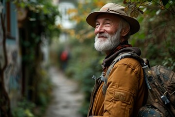 portrait of an elderly male traveler, concept of active aging with adventure