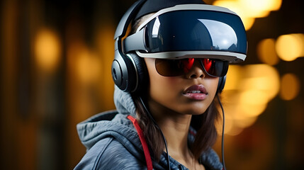 Cinematic shot of young girl with VR glasses are having fun to use augmented reality technology.