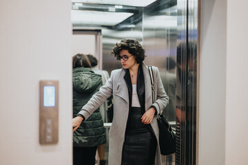 Confident businesswoman in stylish clothing pressing an elevator button as people wait inside the lift in a contemporary office setting.