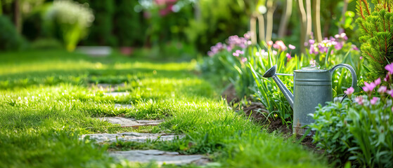 A picturesque garden path lit by sunshine with a watering can and on a green grass in the foreground in the garden